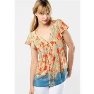 Joie 100% Silk Floral Short Sleeve Wynne Blouse Button Flutter Sleeve SZ Small